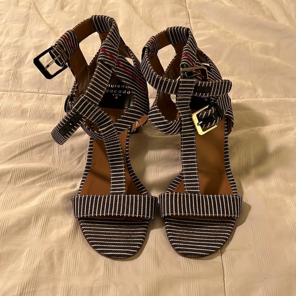 Navy &white stacked heel; designer Laurence Dacade